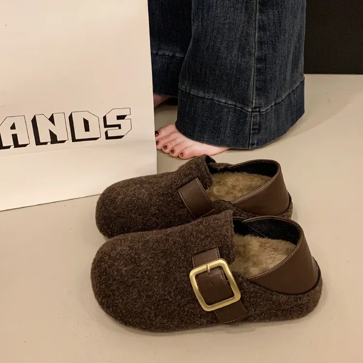 女款加绒加厚勃肯棉鞋毛呢厚底全包2025冬新款两穿保暖毛毛雪地靴