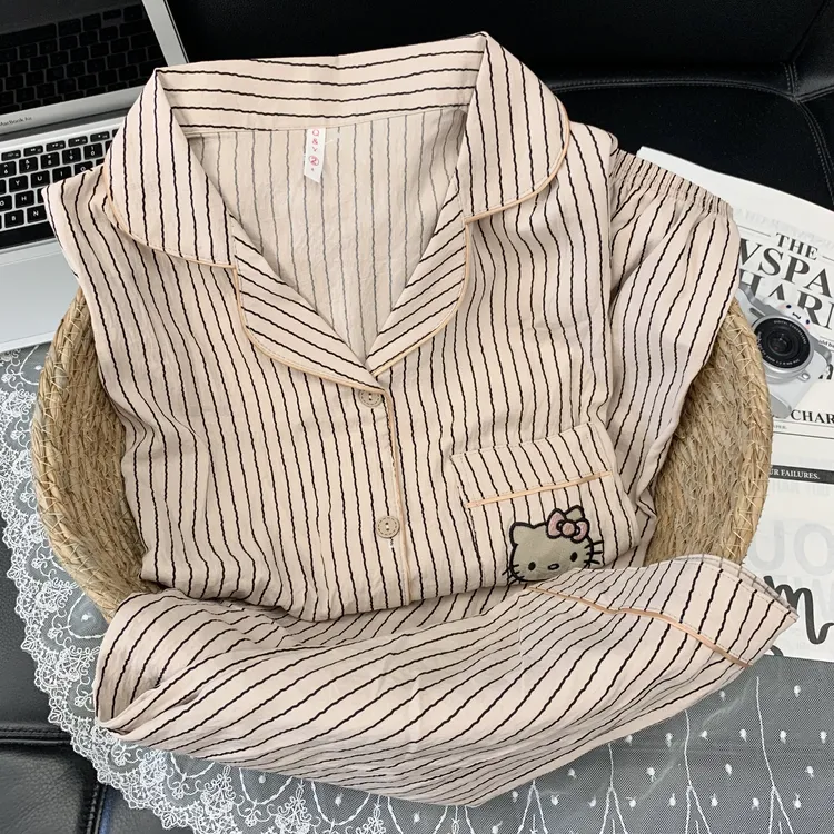 【长袖摩卡条纹黑皮KT】春秋季套装云朵绵翻领睡衣女两件套家居服