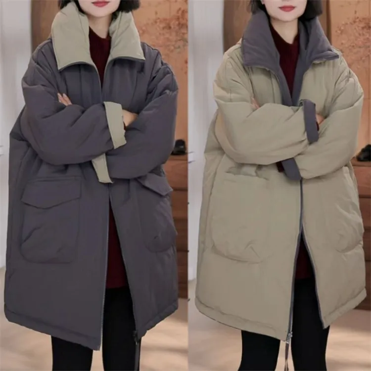 时尚加厚保暖连帽棉服外套2025冬季新款气质复古中长款双面穿棉衣