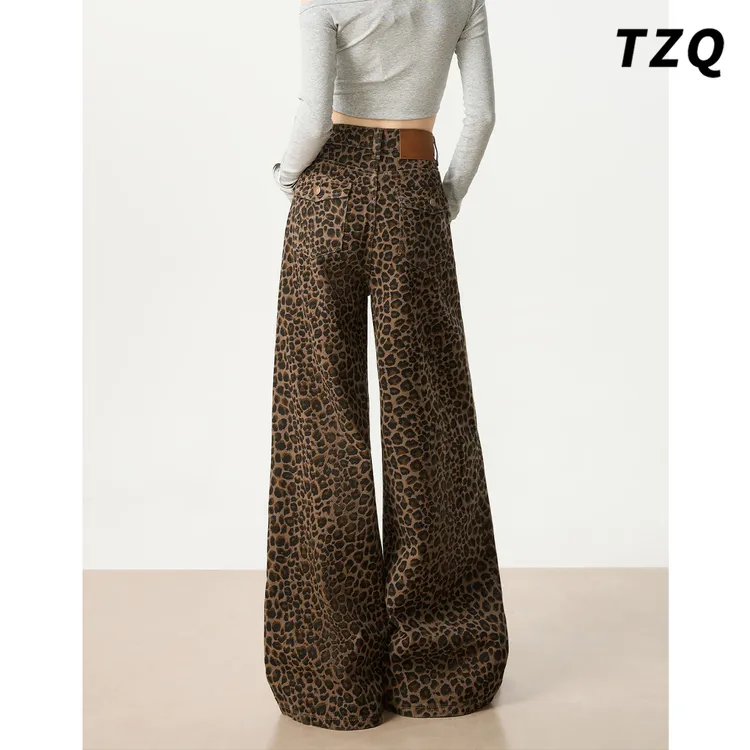 美式高街豹纹阔腿牛仔裤女秋季2025新款宽松拖地裤子TZQ25111245