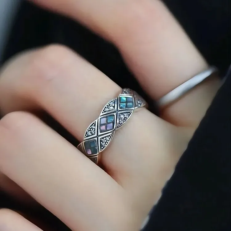 925银戒指 【新粉浮力】菱格彩贝戒指女小众轻奢高级感手工设计精致