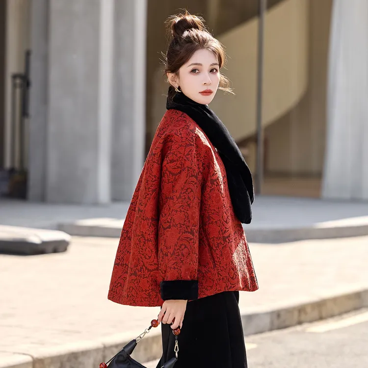 新中式国风复古提花羽绒服女装2025冬季新款围巾领白鸭绒短款外套