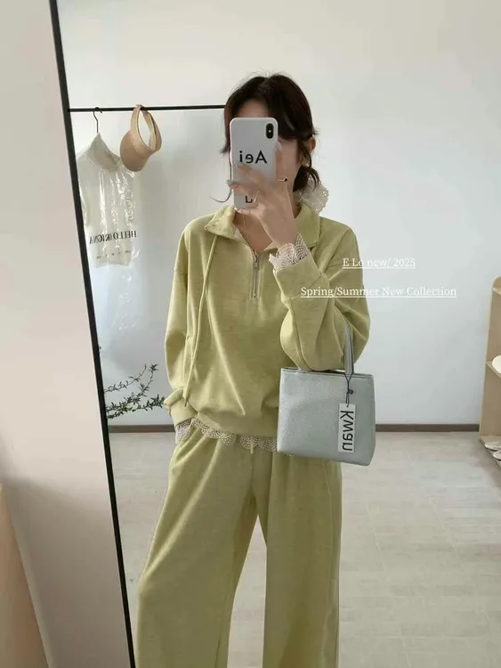 2025早春新款立领半拉链卫衣松紧腰阔腿裤休闲两件套女连帽减龄