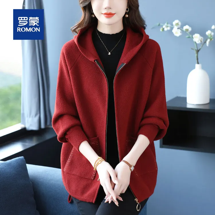 罗蒙中年妈妈秋装时尚显年轻开衫卫衣新款中老年女士春秋毛呢外套