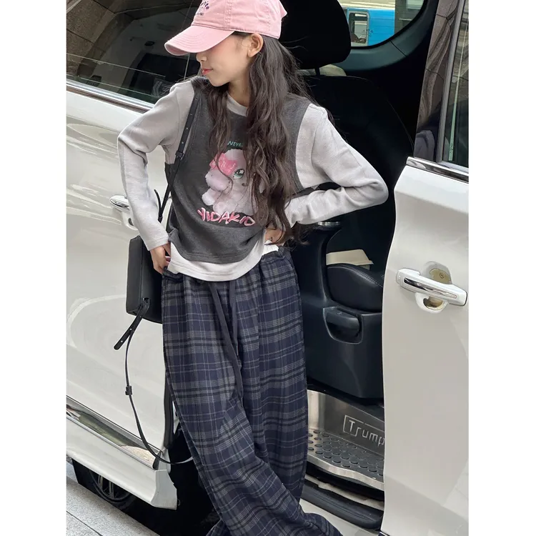 K30087孙小美假两件女童长袖T恤2025秋冬装新款儿加厚薄绒上衣t潮