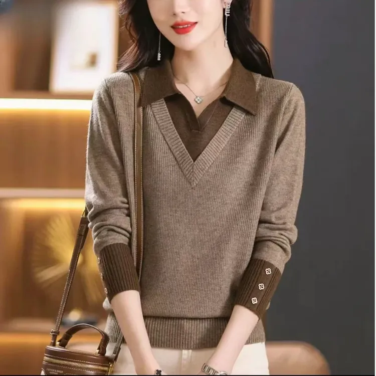 【90-160斤】安迪绒高品质秋冬保暖毛衣女新款时尚衬衫领假两件