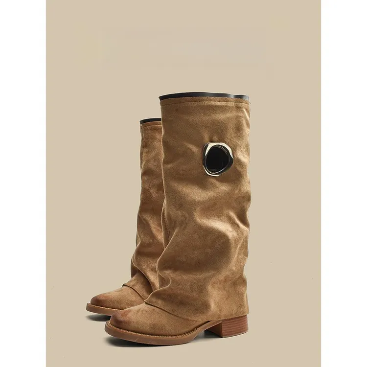 覆古方头百搭粗跟裤管靴长筒靴