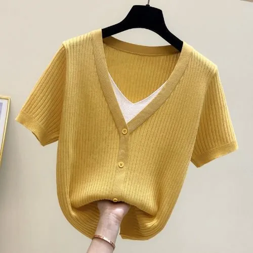 mm宽松显瘦【90-200斤】冰丝假两件短袖上衣女夏2025新款大码女装