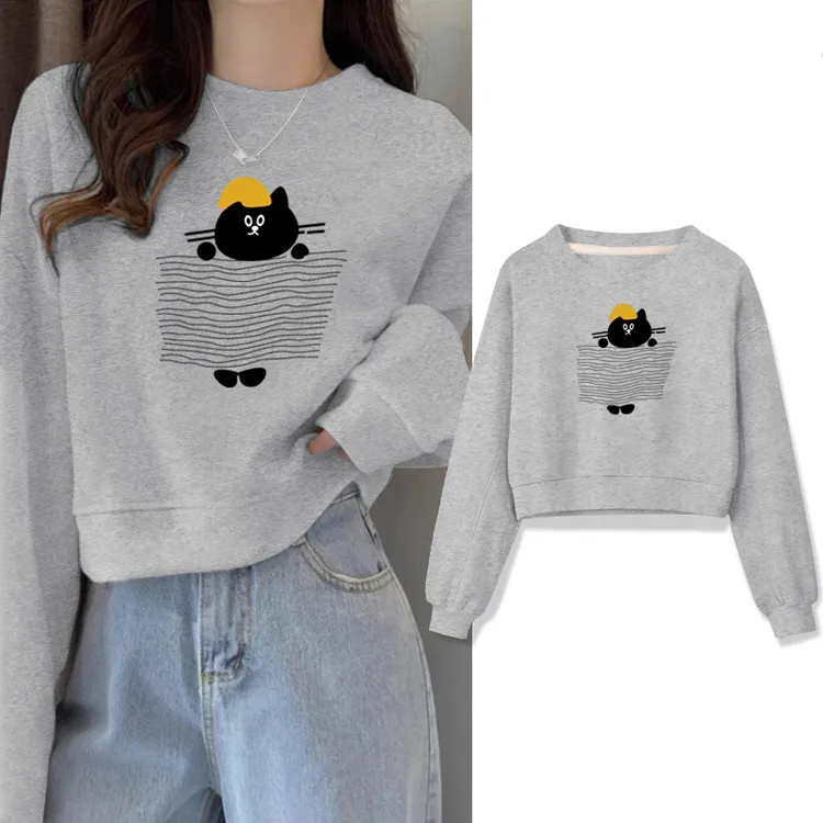 圆领套头短款灰色卫衣女加绒加厚秋冬上衣百搭宽松百搭春秋薄款潮