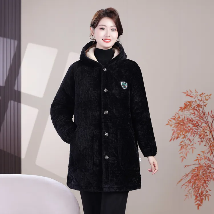 妈妈装长袖棉衣中老年女装冬季加绒加厚棉袄连帽中长款棉服大码