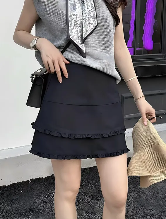 时尚百搭不规则双层木耳边A字裙新款高腰显瘦防走光半身裙女