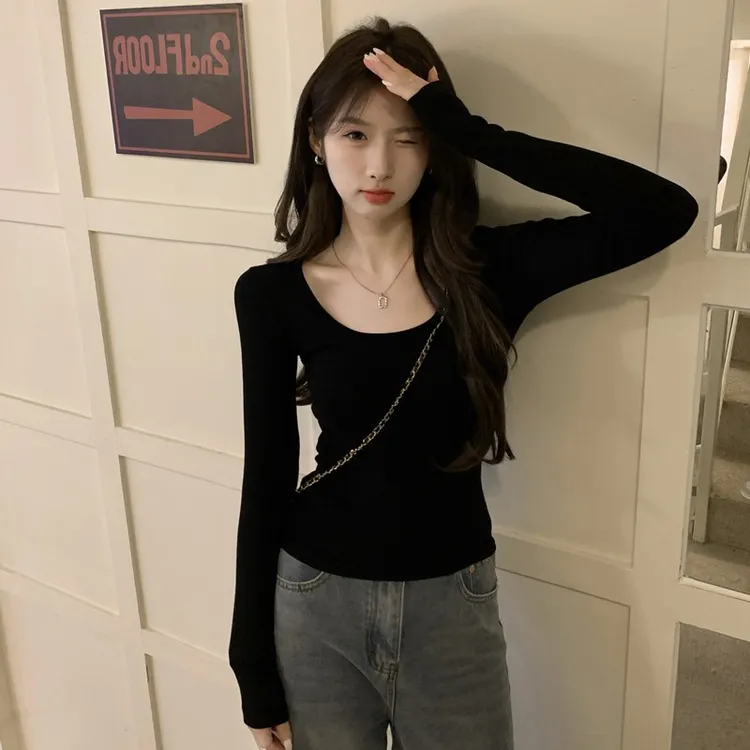 黑色u领纯欲长袖T恤女春秋冬季低领多色修身显瘦打底内搭衫上衣