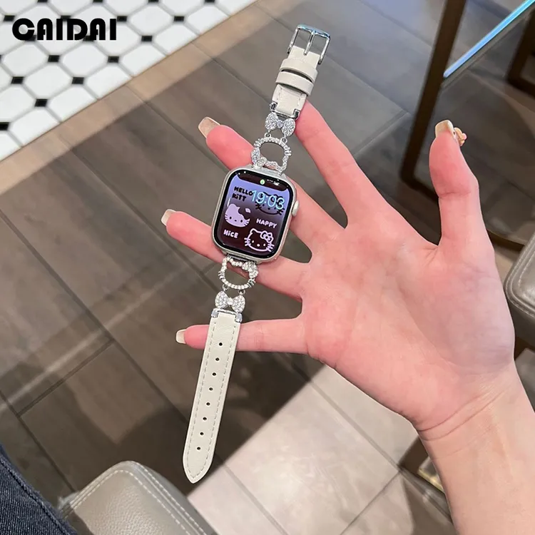 适用苹果iwatchS11/10手表表带kt猫金属闪钻拼真皮S9女款Ultra夏