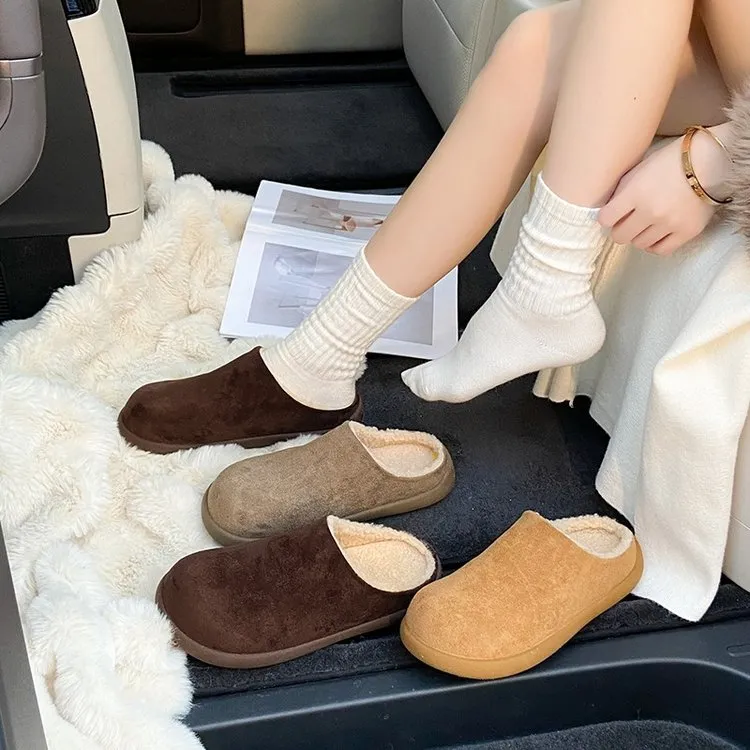 女鞋厚底中跟35cm绒里半拖暖足软底慵懒加绒保暖毛毛鞋休闲平底
