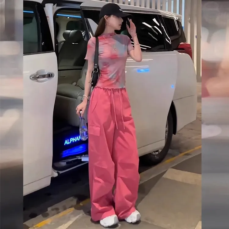 运动套装女夏季2025新款韩版显瘦高级感扎染短袖休闲工装裤两件套