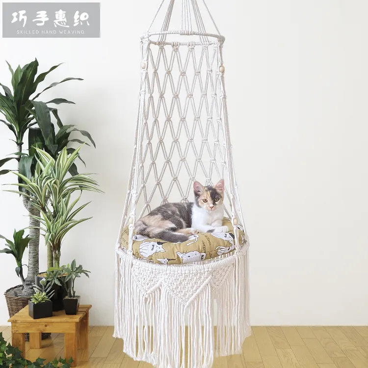 波西米亚风手工编织猫吊床宠物网兜吊篮猫咪秋千悬挂猫窝宠物床