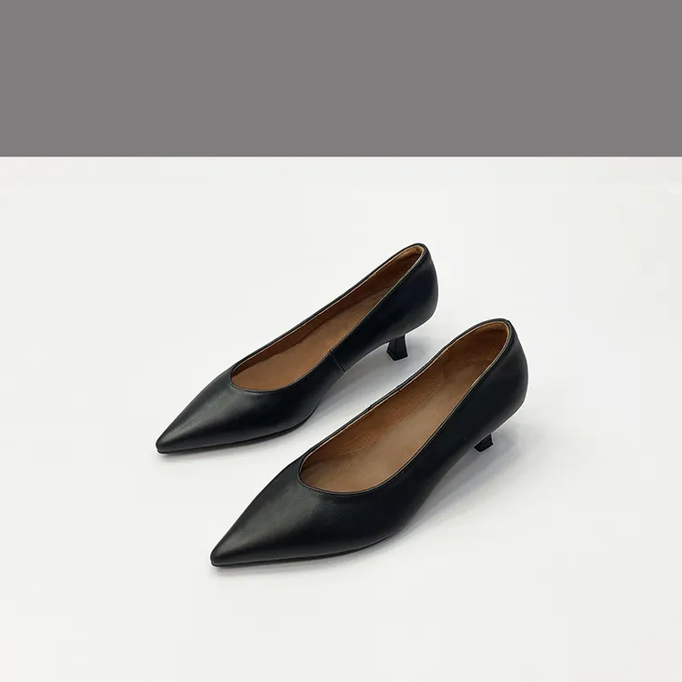 【跟高5CM】胎牛气质真皮尖头单鞋女高跟细跟浅口时尚通勤黑色跟鞋