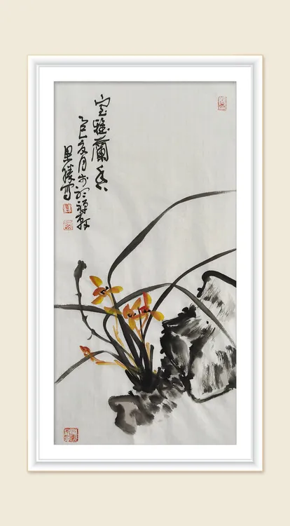 果胜精品·兰花34*68国画收藏定制石图兰生幽谷写意画