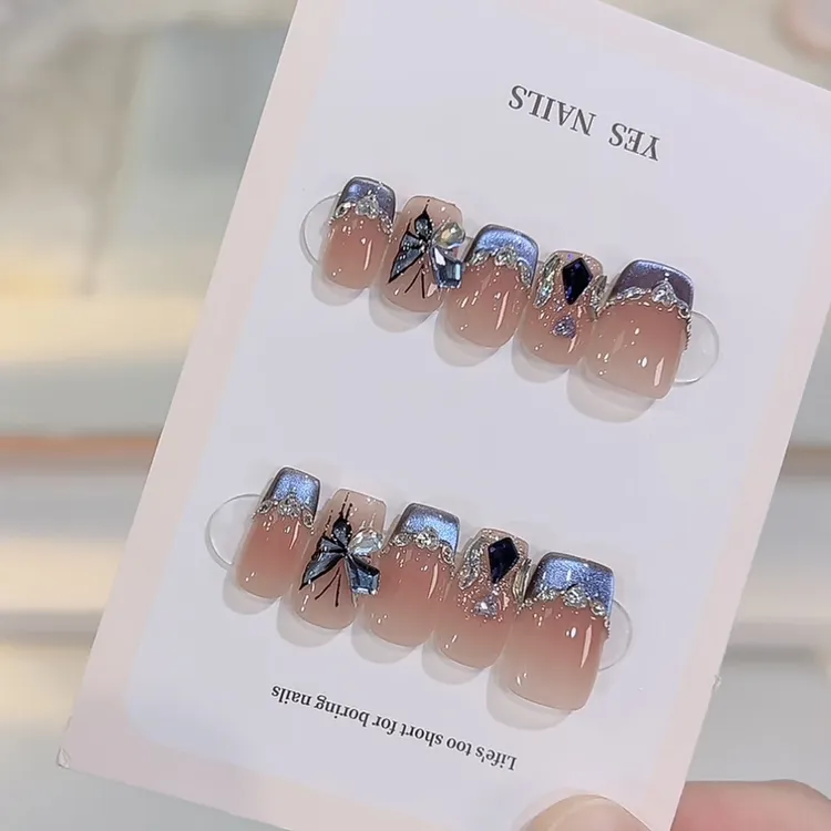 【夜曲】野世穿戴甲 海蓝法式猫眼拼钻蝴蝶纯手工美甲