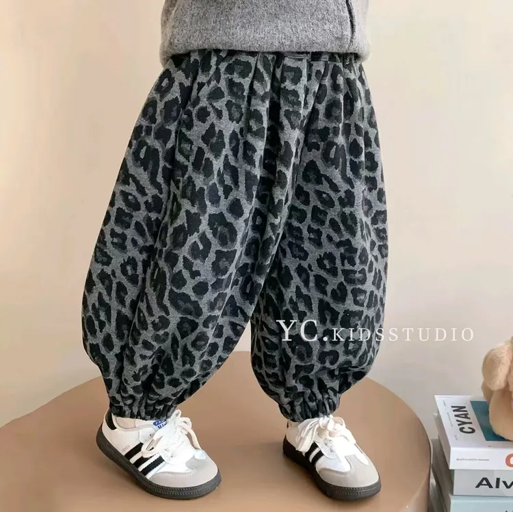 【加绒】男女童秋冬季新款加绒豹纹裤休闲束脚裤韩版百搭长裤潮款