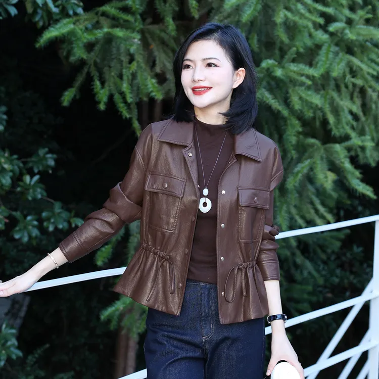 枫竺阿楠anan雅丹风翻领单排扣系带收腰蛋白皮皮衣女秋猎户外套