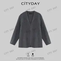 CityDay【楠哥】精纺超细羊毛拼皮边小V领开衫外套 8290