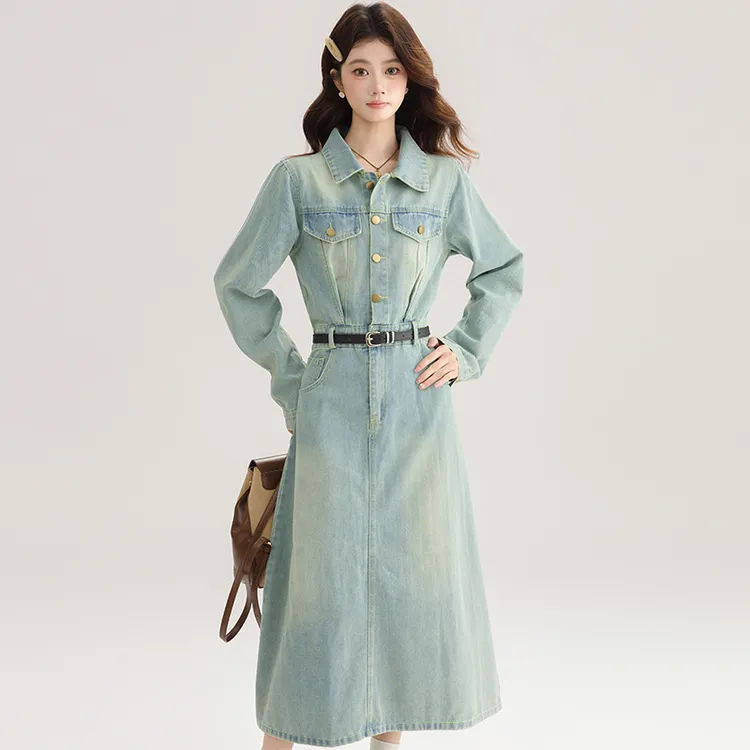 法式牛仔连衣裙女长袖2025春秋新款韩板气质时尚复古显瘦长裙送腰