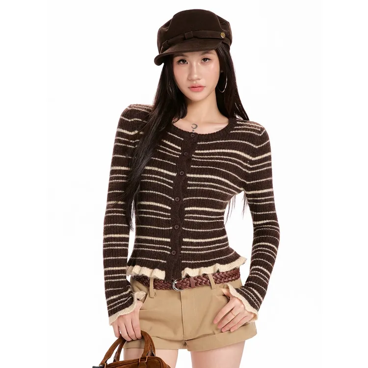 新款美式复古设计感木耳边拼接长袖条纹小众气质毛衣针织衫H9-27