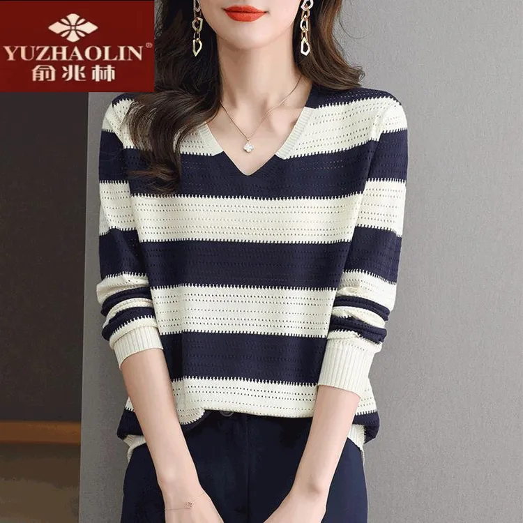 俞兆林条纹毛衣女秋冬2024新款针织上衣内搭洋气显瘦大码
