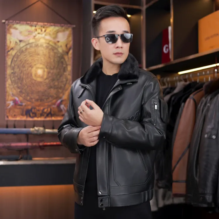 奢品级紫金水貂毛领绵羊皮真皮皮衣男士白鸭绒皮夹克冬季外套