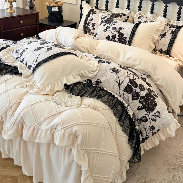 法式风雕花牛奶绒双面绒揪花四件套 - 邂逅花语，演绎卧室浪漫格调