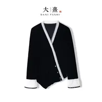 【逸梦】2025新款秋季上衣小衫女式新中式V领宽松拼接丝绒长袖衬衫