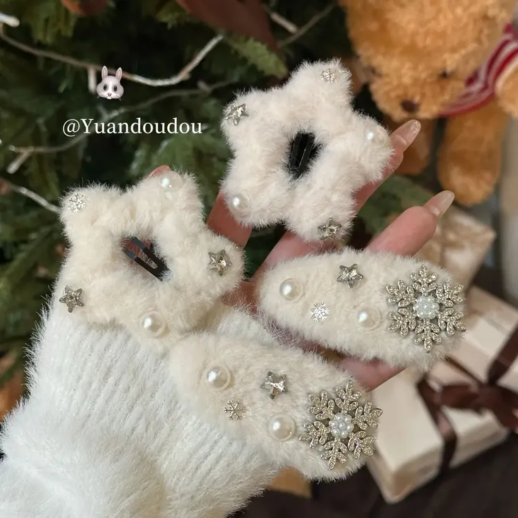 冬日来信~秋冬毛绒雪花星星发夹女侧边夹甜美可爱韩系发卡刘海夹