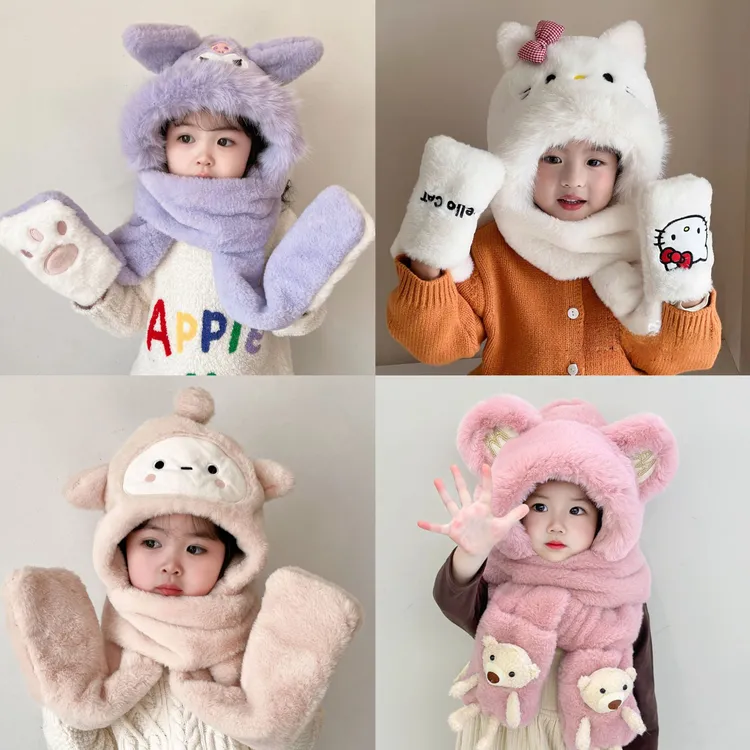 冬儿童帽子三件套男女加绒加厚围巾一体宝宝保暖护耳手套围脖连体