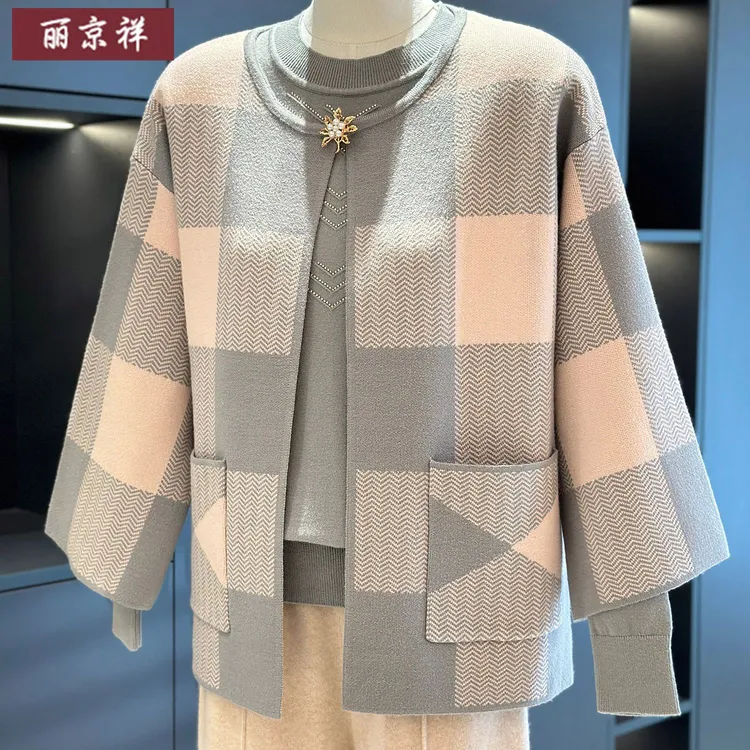 中老年女装针织两件套2025春秋新款上衣洋气妈妈装毛衣两件套