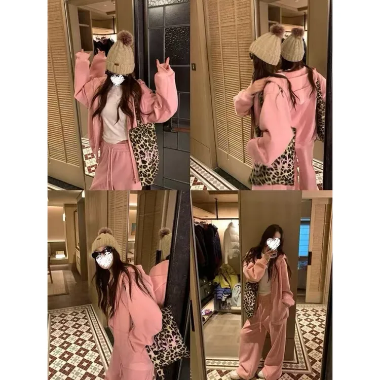 新款秋冬高街感宽松休闲保暖卫衣外套+加绒显瘦卫裤  60087