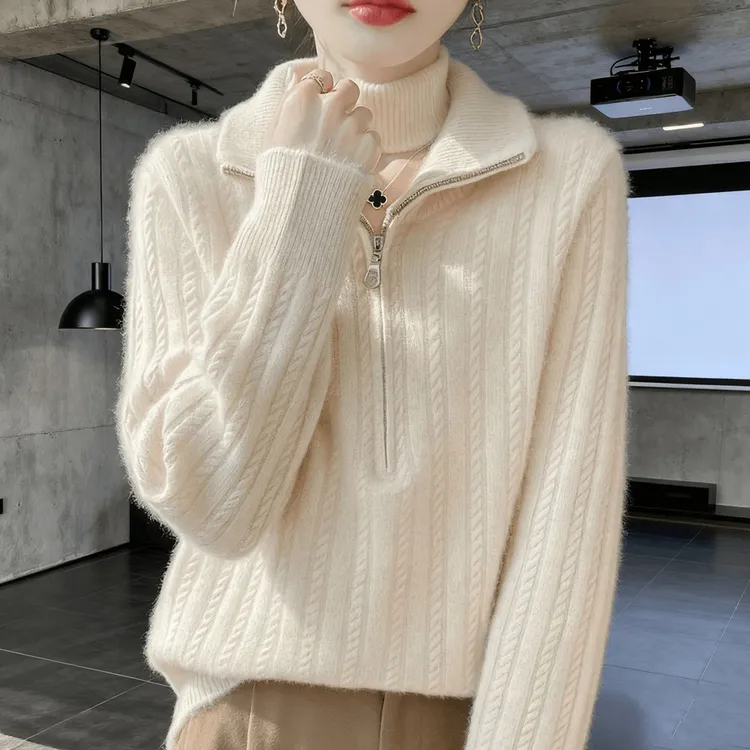 秋冬2025新款100羊绒衫女半拉链半高领减龄厚款气质针织羊毛衫女