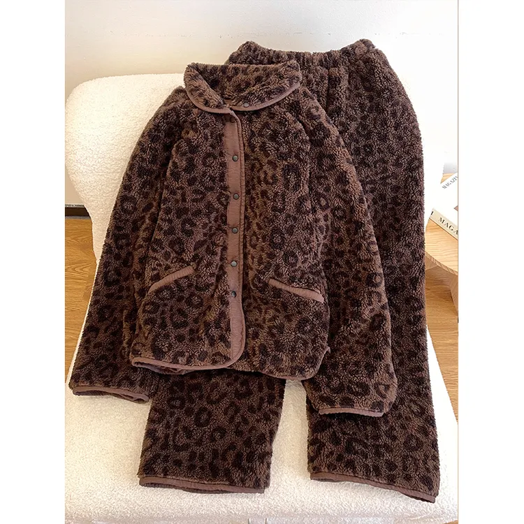 韩系复古豹纹珊瑚绒睡衣女2025冬季新款舒适家居服套装可外穿