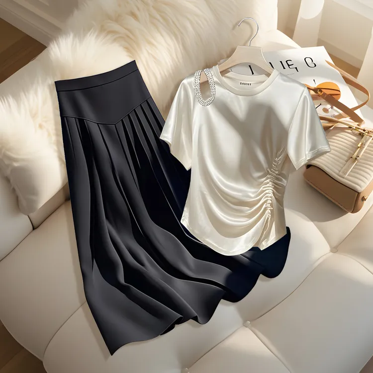 夏季爆款轻奢感清爽冰感抽绳短袖T恤高腰显瘦黑色a字半身裙气质女