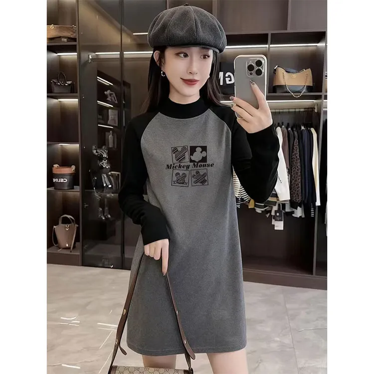 潮流复古拼接撞色半高领插肩袖宽松显瘦双面德绒中长款遮臀上衣