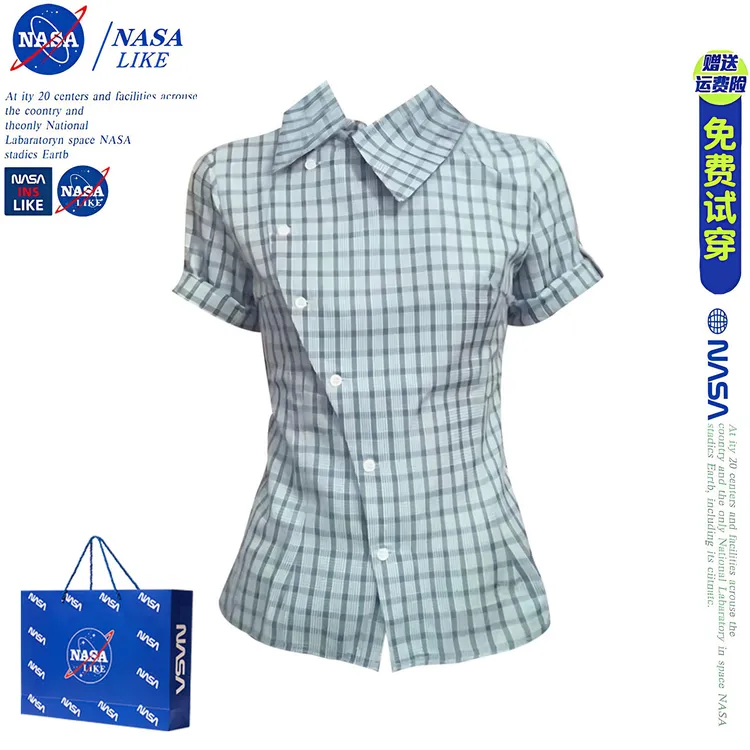 NASA美式辣妹格子POLO领短袖衬衫女夏季时尚小众斜禁收腰显瘦上衣