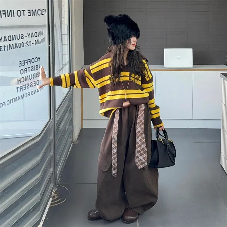 女童春秋套装2025新款韩版洋气时髦童装女孩条纹毛衣工装裤两件套