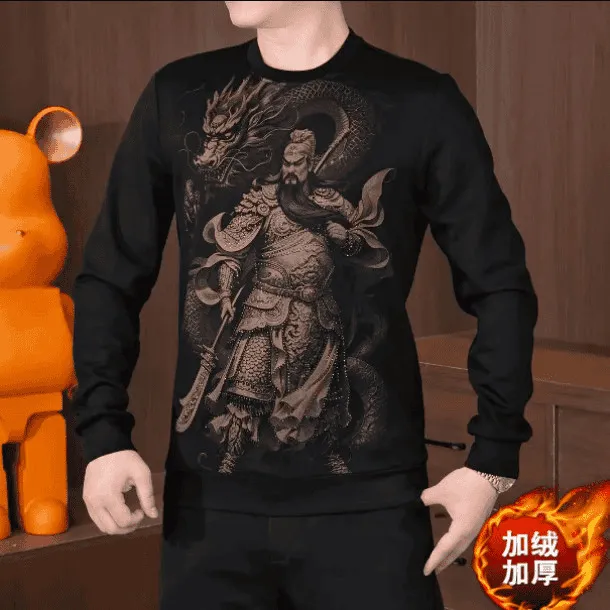 【加绒保暖】秋冬新款霸气关羽图长袖男士时尚轻奢潮流圆领百搭卫衣
