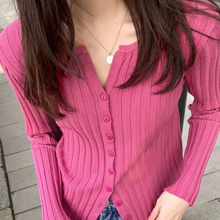 【现货】长袖针织衫春秋开衫百搭款坑条设计开衫上衣洋气显瘦时尚
