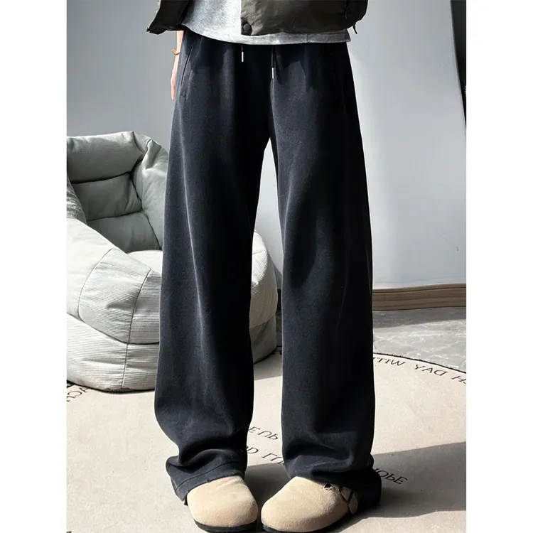 美式水洗做旧加绒卫裤男冬季cleanfit裤子宽松垂感休闲百搭运动裤