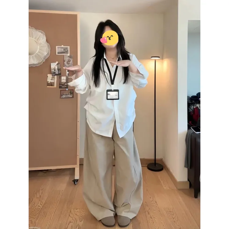 大码女装气质翻领褶皱白色衬衫长袖早秋新款胖mm小衫裤子两件套