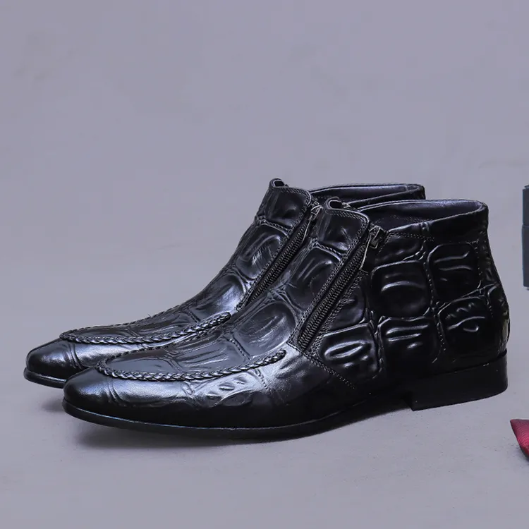 真皮切尔西靴男士鳄鱼纹皮靴英伦风商务时装靴男款高帮皮鞋男皮靴