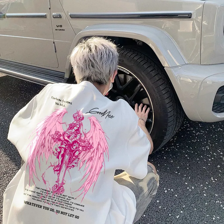 重磅美式复古翅膀印花宽松百搭短袖t恤男女潮牌宽松纯棉嘻哈半袖