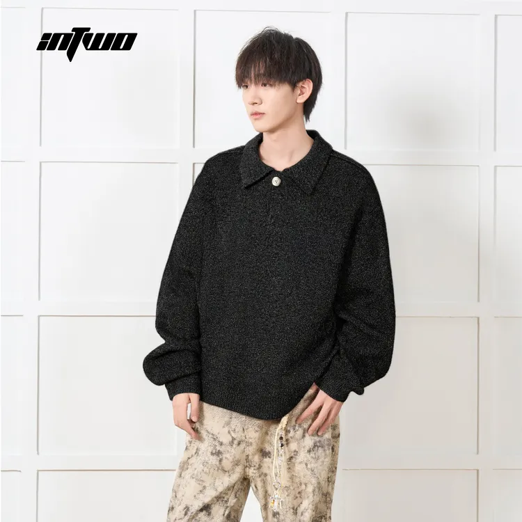 IN TWO/硬涂美式老钱风慵懒风翻领长袖休闲百搭日常宽松针织衫