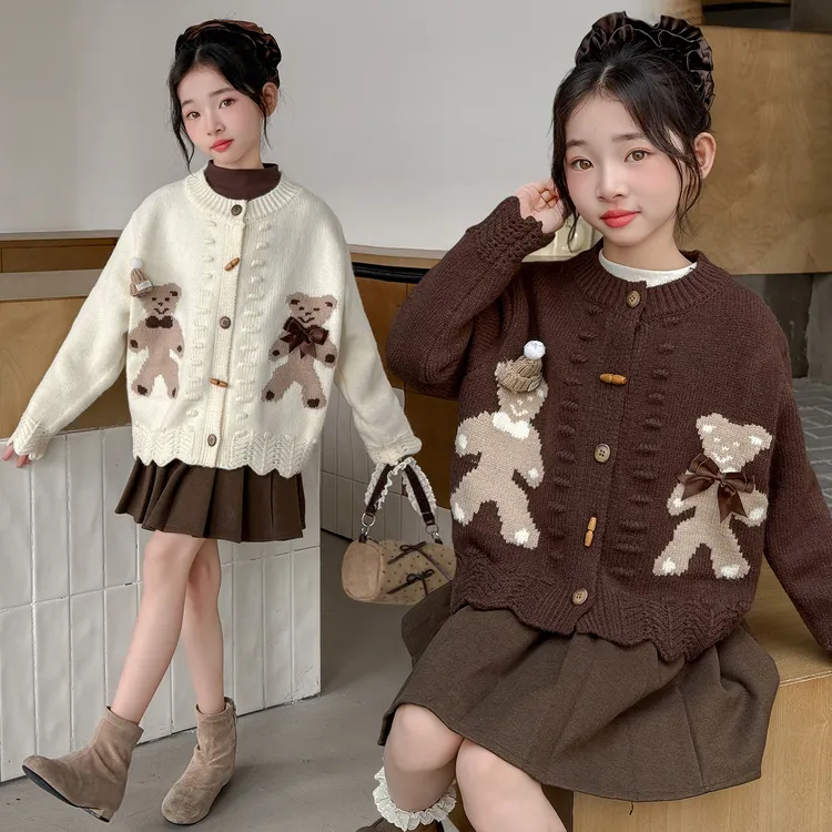 女童毛衣2025新款儿童洋气时髦秋装中大童蝴蝶结小熊针织开衫外套